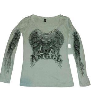 Hot leathers ladies Sz M Asphalt Angel v-neck long sleeve white Tee w/wing decal